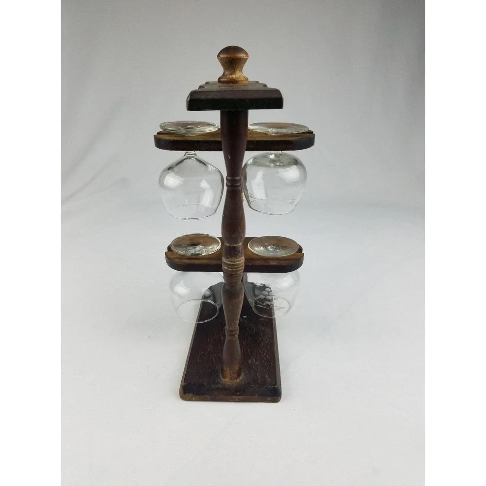 Vtg 4 wine cups wood holder rotating man cave barware mid century oenophilia